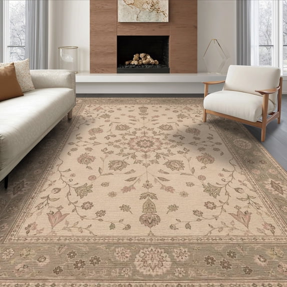 ODIKA 8'x10' Washable Area Rug Durable, Non-Slip Beige and Sage Floral Elegance Intricate Botanical with Classic Charm for Living Room, Under Sectional, Family