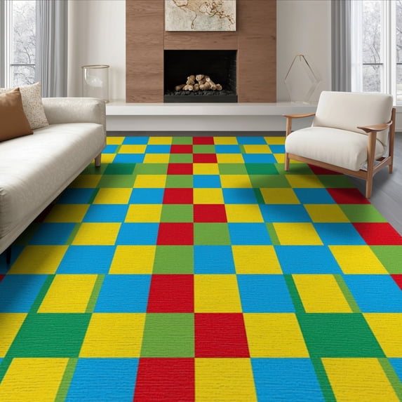 ODIKA 8'x10' Washable Area Rug Durable, Non-Slip Block Hopscotch Retro Storybook Rainbow Playful Interlocking Grid with Crisp Edges for Living Room, Under Sectional, Family