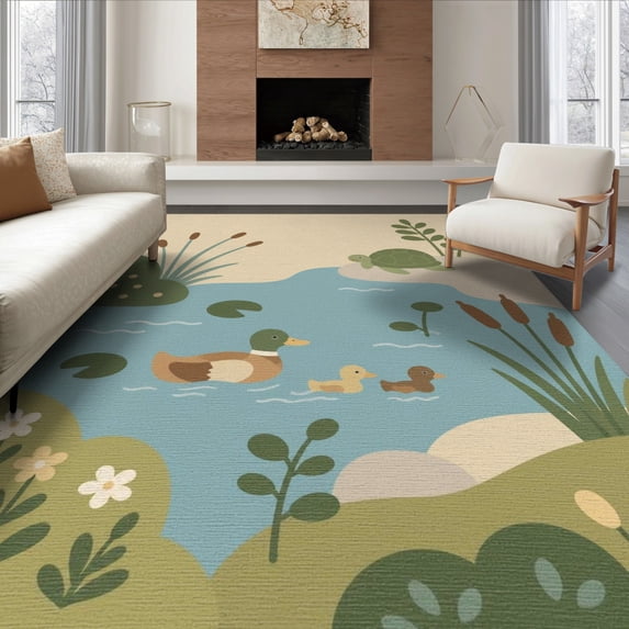 ODIKA 8'x10' Washable Area Rug Durable, Non-Slip Blue Green Pastel and Nature Scene Design Illustrative Pond Life with Ducks Turtle for Living Room, Under Sectional, Family