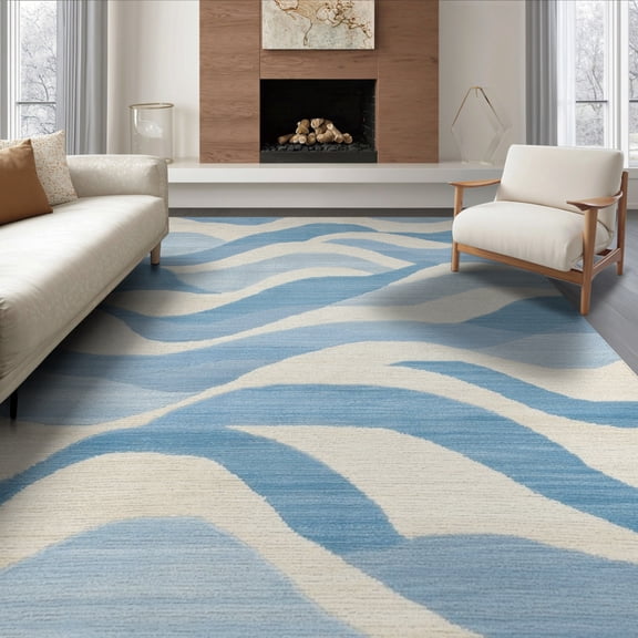 ODIKA 8'x10' Washable Area Rug Durable, Non-Slip Blue Wave Patterned Elegance for Stylish Floors Subtle Off- Hues with Fluid Design for Living Room, Under Sectional, Family