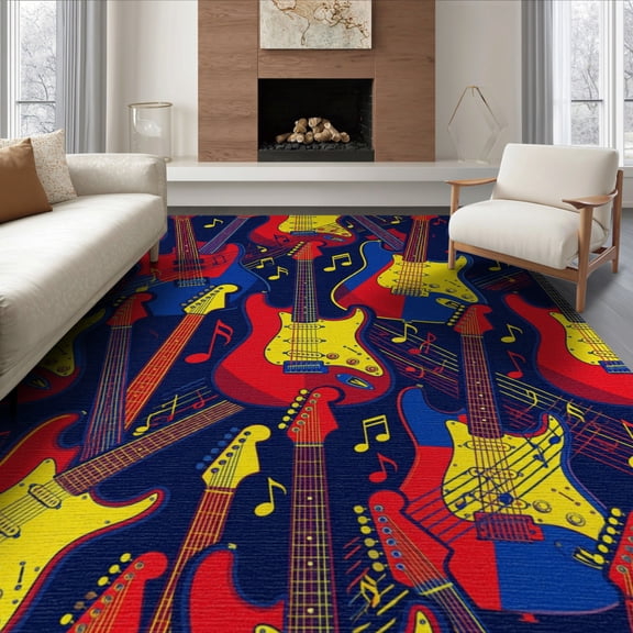 ODIKA 8'x10' Washable Area Rug Durable, Non-Slip Blue Yellow Guitar Music Print Record Energetic Rock Collage with Electric Notes for Living Room, Under Sectional, Family