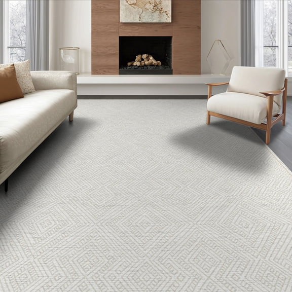 ODIKA 8'x10' Washable Area Rug Durable, Non-Slip Boho Farmhouse Trellis Border Ivory Beige Dining Table Neutral Flowing for Living Room, Under Sectional, Family