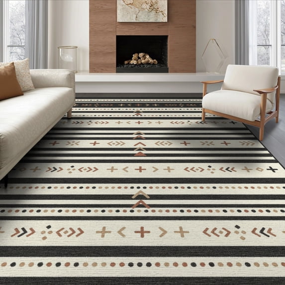 ODIKA 8'x10' Washable Area Rug Durable, Non-Slip Boho Mudcloth Border Farmhouse Even Bands Pinstripe Ticking Striped Flowing for Living Room, Under Sectional, Family