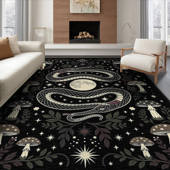 ODIKA 8'x10' Washable Area Rug Durable, Non-Slip Boho Snake Stars Mushroom Motif Divination Runway Round Gothic Flowing Dynamic for Living Room, Under Sectional, Family