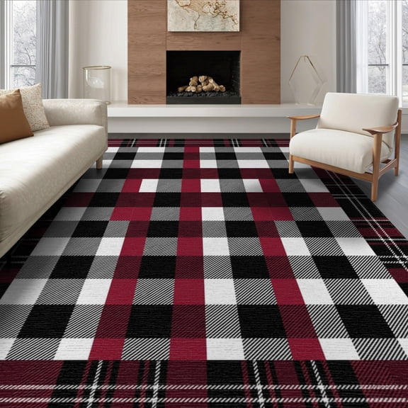 ODIKA 8'x10' Washable Area Rug Durable, Non-Slip Boho Tartan Stripe Frame Doormat Layering Plaid Under Checkered Playful for Living Room, Sectional, Family