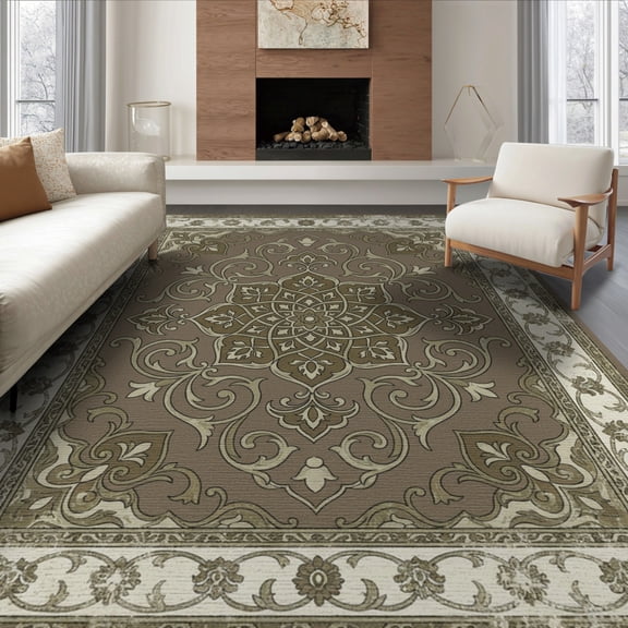 ODIKA 8'x10' Washable Area Rug Durable, Non-Slip Boho Vintage Scattered Blooms Balanced Traditional Ornamental for Living Room, Under Sectional, Family