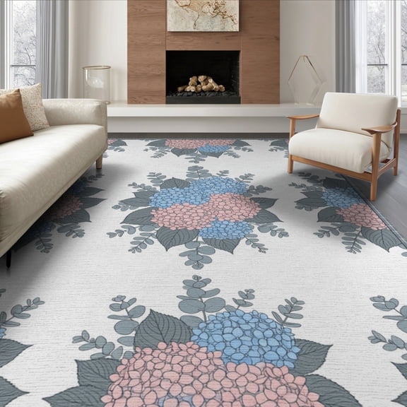 ODIKA 8'x10' Washable Area Rug Durable, Non-Slip Bouquet With Eucalyptus Leaf And Plaid Border Accents Hydrangea Floral Refined for Living Room, Under Sectional, Family