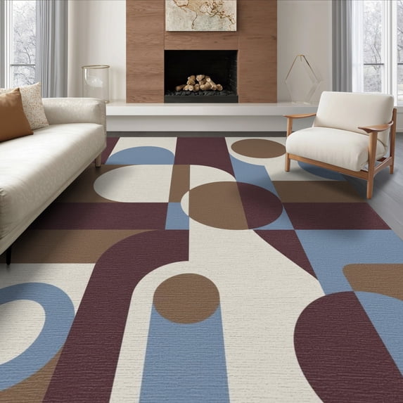 ODIKA 8'x10' Washable Area Rug Durable, Non-Slip Brown Blue Geometric Abstract Design Elegant Interplay of Circles and Rectangles for Living Room, Under Sectional, Family