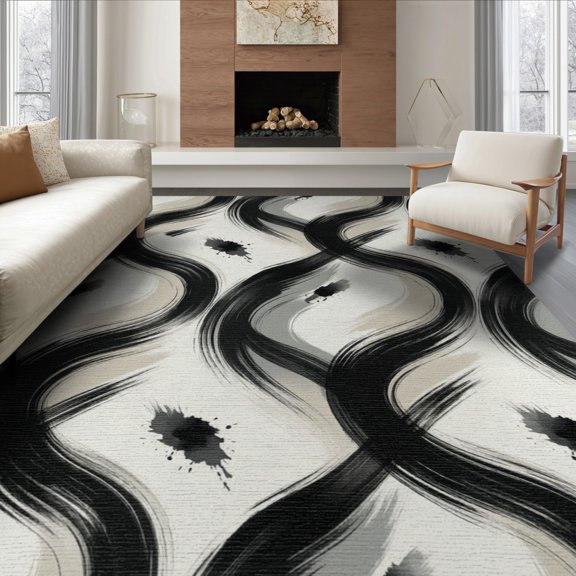 ODIKA 8'x10' Washable Area Rug Durable, Non-Slip Brushstroke With Interlocking Minimalist Accents Abstract Modern Refined for Living Room, Under Sectional, Family