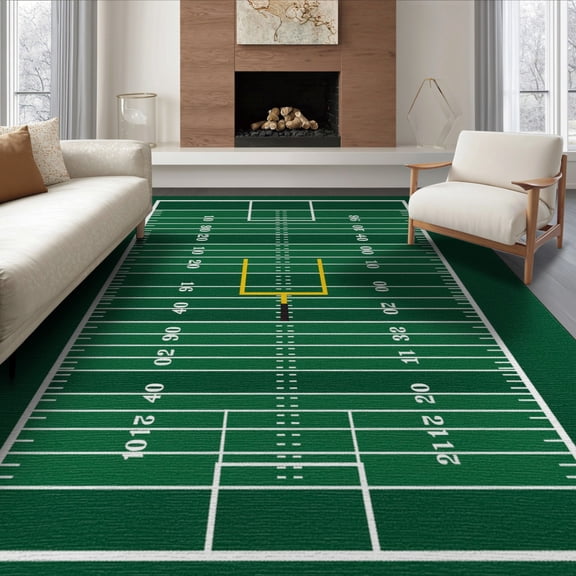 ODIKA 8'x10' Washable Area Rug Durable, Non-Slip Car Field Touchdown Lines Goalpost Motif Rugby Training Football Flowing Dynamic for Living Room, Under Sectional, Family
