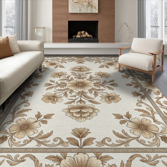 ODIKA 8'x10' Washable Area Rug Durable, Non-Slip Carpetas Tan Delicate Scrollwork Blossoms Leafy Covering Para for Living Room, Under Sectional, Family