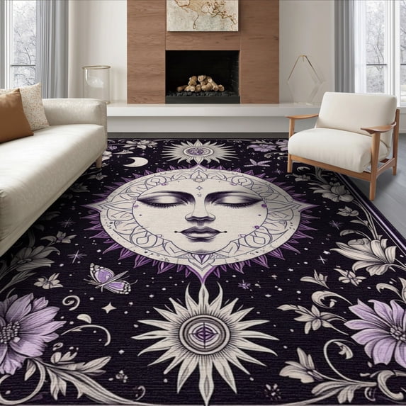 ODIKA 8'x10' Washable Area Rug Durable, Non-Slip Celestial Sun Moon Face Scroll Border Distressed Astrology Round for Living Room, Under Sectional, Family