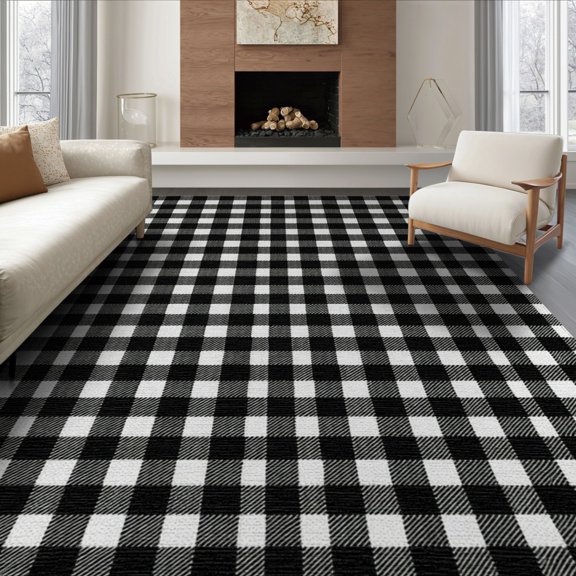 ODIKA 8'x10' Washable Area Rug Durable, Non-Slip Checkered Farmhouse Border Bathroom Checked Plaidcircle Plaid Fabric Refined for Living Room, Under Sectional, Family