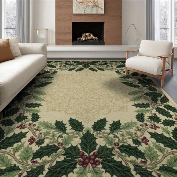 ODIKA 8'x10' Washable Area Rug Durable, Non-Slip Christmas Leaves With Emerald Medallion And Holly Vine Border Vintage Flowing for Living Room, Under Sectional, Family