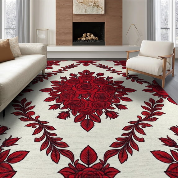 ODIKA 8'x10' Washable Area Rug Durable, Non-Slip Circle Semi Botanical Arrangement Symmetrical Decorative Border for Living Room, Under Sectional, Family
