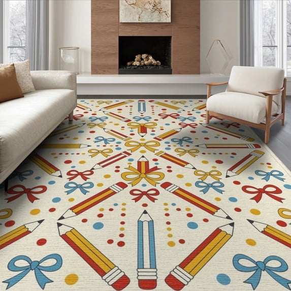 ODIKA 8'x10' Washable Area Rug Durable, Non-Slip Classroom Cheerful School Tossed Educational Pencil Schoolgirl for Living Room, Under Sectional, Family