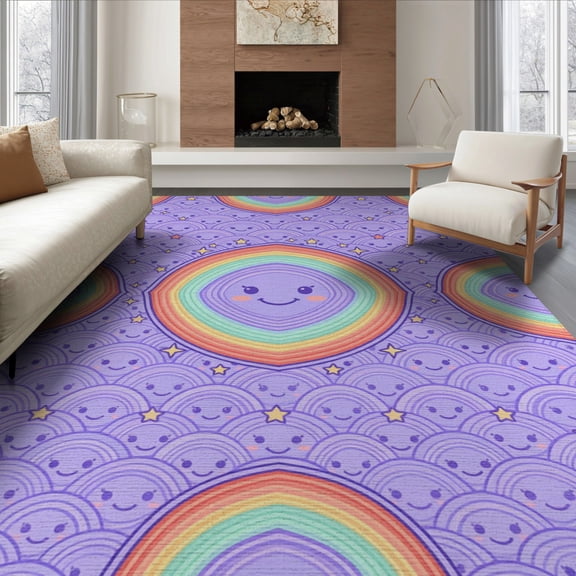 ODIKA 8'x10' Washable Area Rug Durable, Non-Slip Classroom Mint Coral Repeating Scale Border Video Purple Kawaii for Living Room, Under Sectional, Family