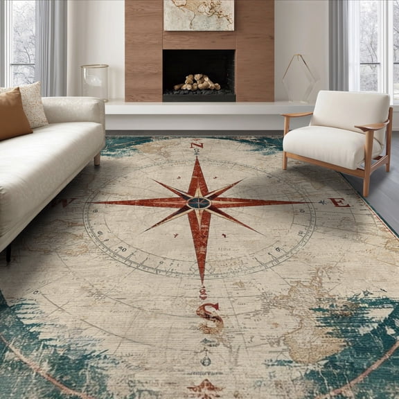 ODIKA 8'x10' Washable Area Rug Durable, Non-Slip Compass Nautical Map Vintage Seafaring Border Maritime Distressed for Living Room, Under Sectional, Family