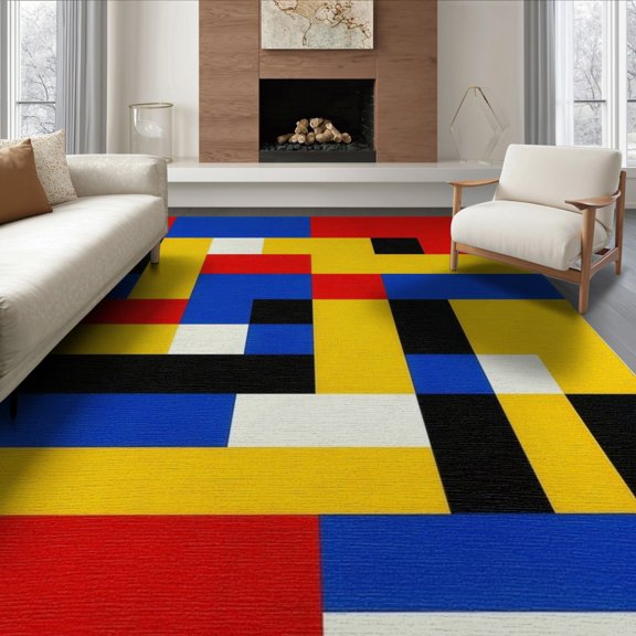 ODIKA 8'x10' Washable Area Rug Durable, Non-Slip Composition Abstract Interlocking Modernist Block Grid Yellow for Living Room, Under Sectional, Family