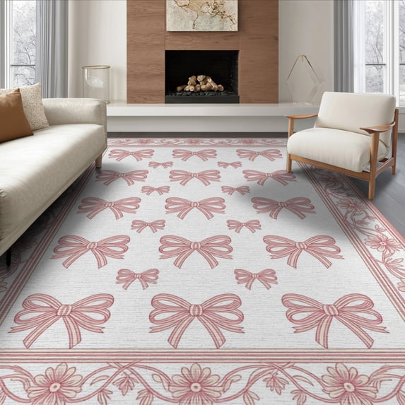 ODIKA 8'x10' Washable Area Rug Durable, Non-Slip Coquette Seamless Ribbon Motif Boho Border Trellis Pink Round Refined Structured for Living Room, Under Sectional, Family