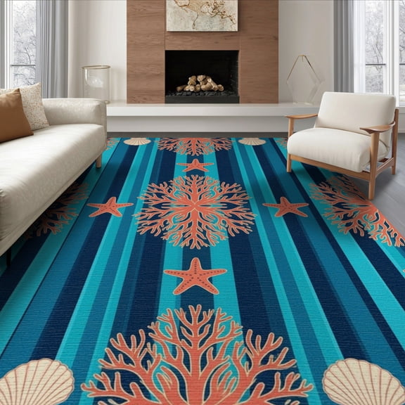 ODIKA 8'x10' Washable Area Rug Durable, Non-Slip Coral Reef Starfish Seashell Border Nautical Motifs Marine Striped Refined for Living Room, Under Sectional, Family