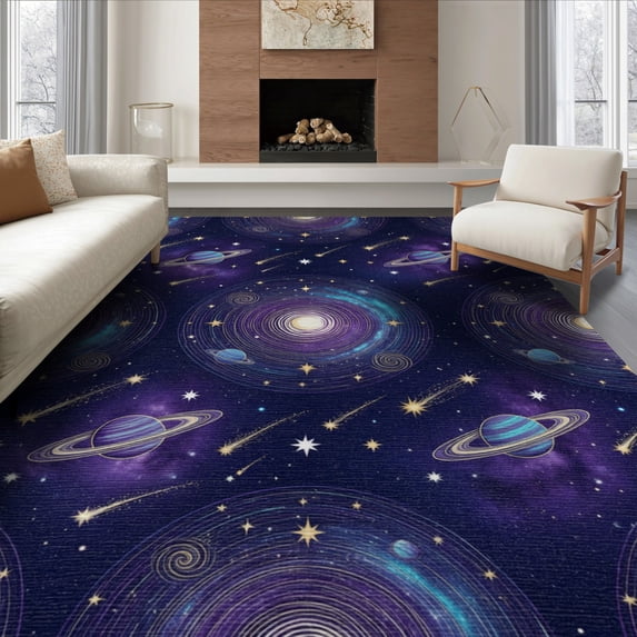 ODIKA 8'x10' Washable Area Rug Durable, Non-Slip Cosmic Themed Field Featuring Planets Galaxy Motifs Starry for Living Room, Under Sectional, Family