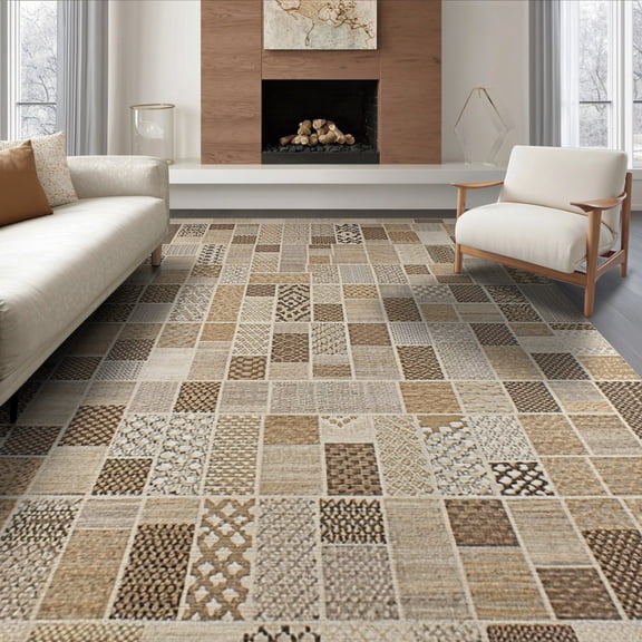 ODIKA 8'x10' Washable Area Rug Durable, Non-Slip Cow Print Spotted Mosaic Tonal Patchwork Blocks Brindle Bold for Living Room, Under Sectional, Family