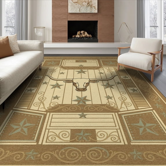 ODIKA 8'x10' Washable Area Rug Durable, Non-Slip Cowboy Longhorn Farmhouse Panels Round Runway Themed Trailer Hooks Flowing for Living Room, Under Sectional, Family