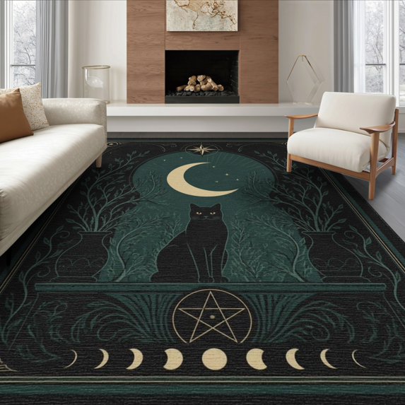 ODIKA 8'x10' Washable Area Rug Durable, Non-Slip Dark Teal Gold Celestial Cat Design Mystical Moon and Starry Night Motif for Living Room, Under Sectional, Family