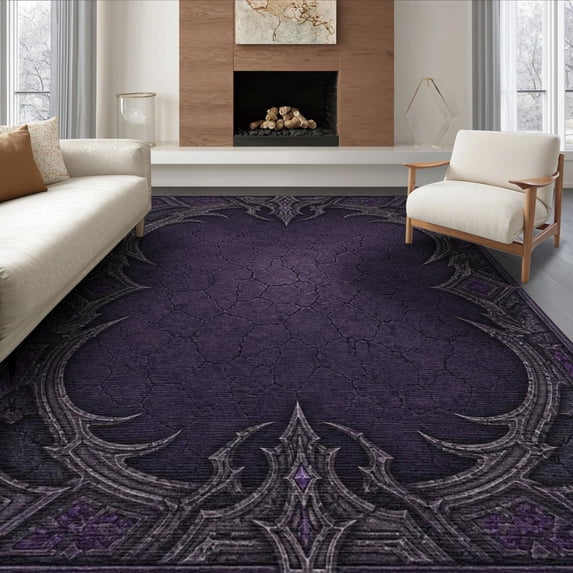ODIKA 8'x10' Washable Area Rug Durable, Non-Slip Deep Purple Gothic-Inspired Symmetrical Design Elegant Ornate Borders with Central Cracked for Living Room, Under Sectional, Family