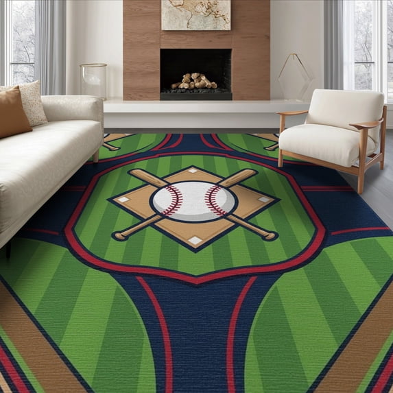 ODIKA 8'x10' Washable Area Rug Durable, Non-Slip Design With Crossed Bats Ball And Stitched Seam Accents Baseball Field Sport for Living Room, Under Sectional, Family