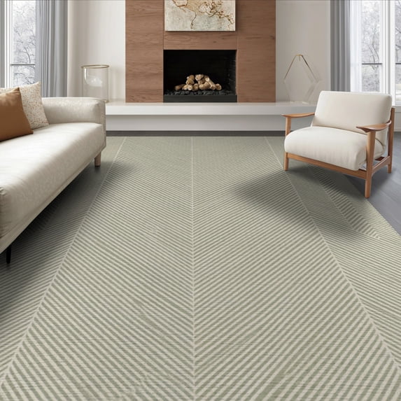 ODIKA 8'x10' Washable Area Rug Durable, Non-Slip Diagonal Motif With Minimalist Farmhouse Accents Herringbone Vintage Refined for Living Room, Under Sectional, Family