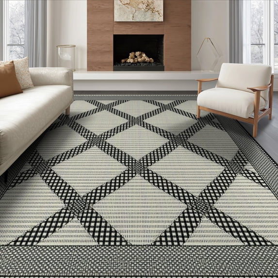 ODIKA 8'x10' Washable Area Rug Durable, Non-Slip Diamond Grid Checkered Contemporary Geometric Lattice Design for Living Room, Under Sectional, Family