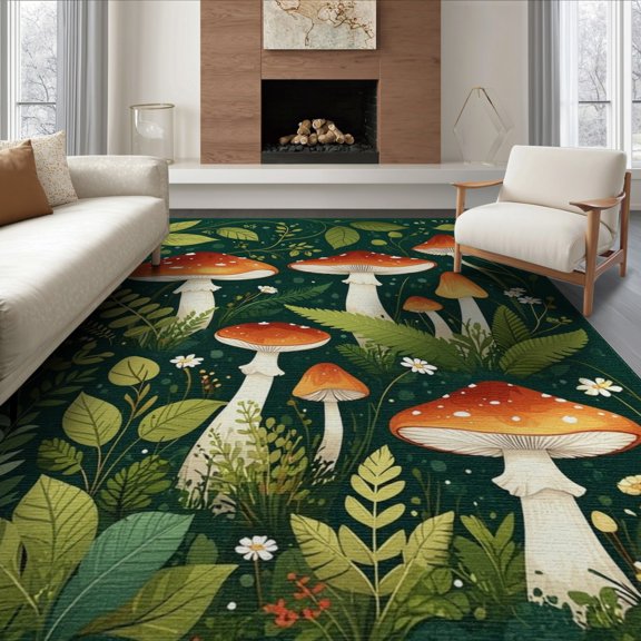ODIKA 8'x10' Washable Area Rug Durable, Non-Slip Dining Botanical Under Mushroom Toadstool Forest Motifs Table for Living Room, Sectional, Family