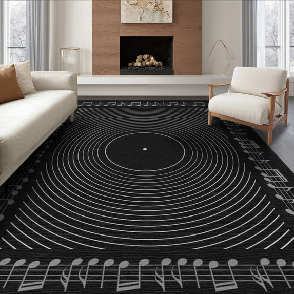 ODIKA 8'x10' Washable Area Rug Durable, Non-Slip Disc Phonograph Record Nostalgic Sound Motif Shaped Music Cd for Living Room, Under Sectional, Family