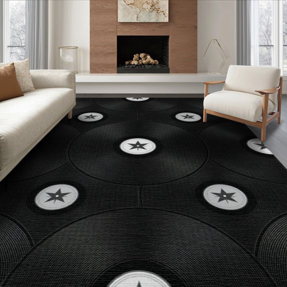 ODIKA 8'x10' Washable Area Rug Durable, Non-Slip Disc Retro Record Music Spinning Turntable Radial Motifs Shaped for Living Room, Under Sectional, Family