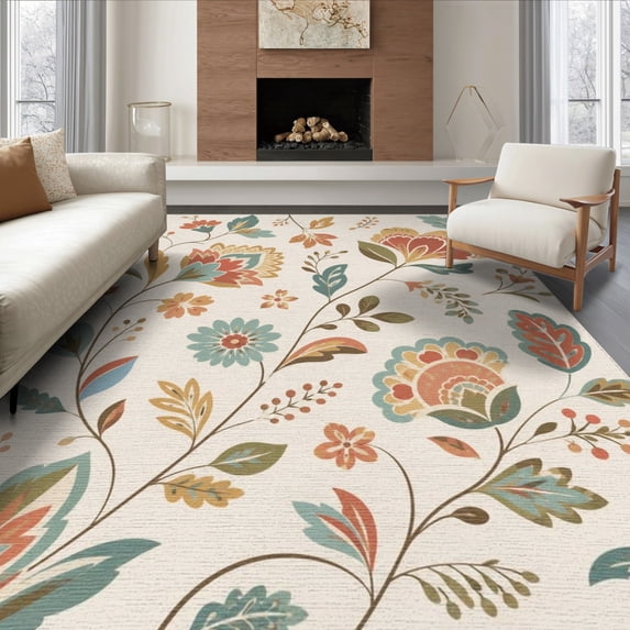ODIKA 8'x10' Washable Area Rug Durable, Non-Slip Earthy Floral Botanical Design Vintage Inspired Natural Tufted Motif for Living Room, Under Sectional, Family