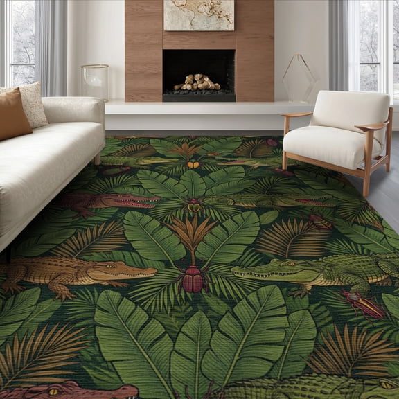 ODIKA 8'x10' Washable Area Rug Durable, Non-Slip Eclectic Scatter Motif Patterned Motifs Border Jungle Insect Refined Structured for Living Room, Under Sectional, Family