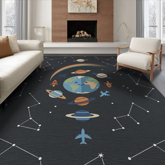 ODIKA 8'x10' Washable Area Rug Durable, Non-Slip Educational Plane Motifs Border Cartoon Galaxy Rocket Constellation Playful for Living Room, Under Sectional, Family