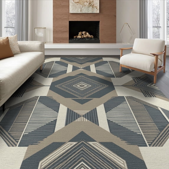 ODIKA 8'x10' Washable Area Rug Durable, Non-Slip Entry Grey Neutral Interlocking Angular Motif Contemporary Entryway for Living Room, Under Sectional, Family