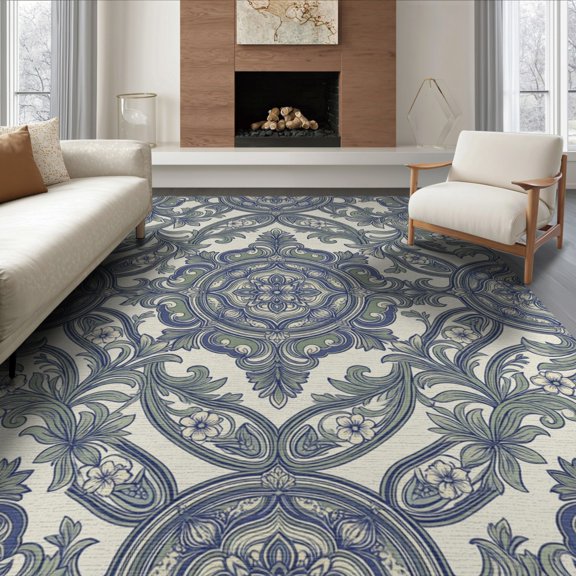 ODIKA 8'x10' Washable Area Rug Durable, Non-Slip Entryway Ornate Cluster Interlocking Border Door Orientalisch for Living Room, Under Sectional, Family