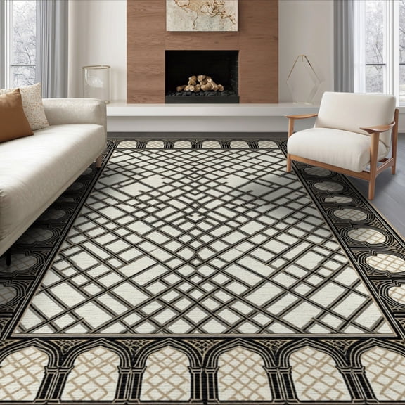 ODIKA 8'x10' Washable Area Rug Durable, Non-Slip Fall Framework Transitional Cream Field Repeating Beige Farmhouse for Living Room, Under Sectional, Family