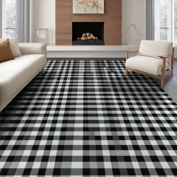 ODIKA 8'x10' Washable Area Rug Durable, Non-Slip Farmhouse Border Bathroom Checked Plaidcircle Plaid Fabric Checkered Playful for Living Room, Under Sectional, Family