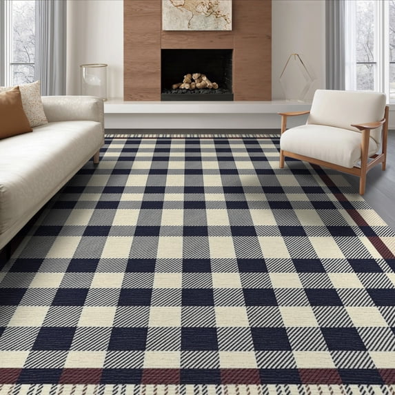 ODIKA 8'x10' Washable Area Rug Durable, Non-Slip Farmhouse Checkered Grid Design With Contrasting Frame Detail for Living Room, Under Sectional, Family