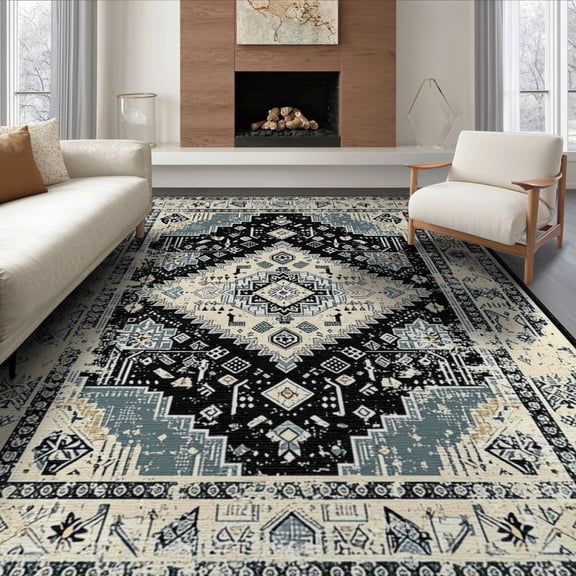 ODIKA 8'x10' Washable Area Rug Durable, Non-Slip Farmhouse Distressed Abstract Border Ornamental Desk Dining Under for Living Room, Sectional, Family