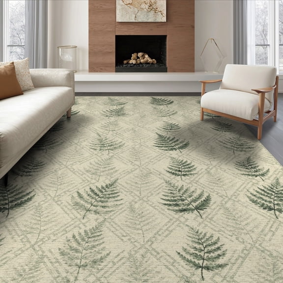 ODIKA 8'x10' Washable Area Rug Durable, Non-Slip Farmhouse Watercolor Forest Sage Interlocking Geometric Hardwood for Living Room, Under Sectional, Family