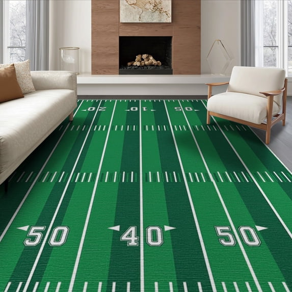ODIKA 8'x10' Washable Area Rug Durable, Non-Slip Football Sport Design With Gridiron Yard Lines And Team Pennant Motif for Living Room, Under Sectional, Family