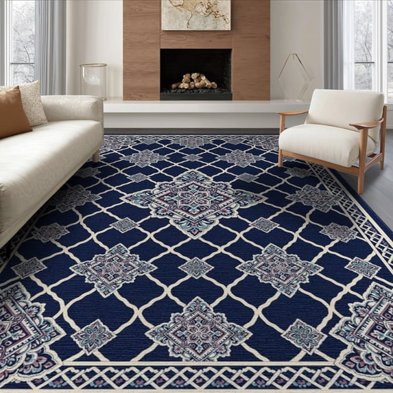 ODIKA 8'x10' Washable Area Rug Durable, Non-Slip Front Door Trellis Covering Featuring Geometric Motifs Entrance for Living Room, Under Sectional, Family