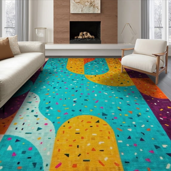ODIKA 8'x10' Washable Area Rug Durable, Non-Slip Funky Retro 80S Geometric Bold Memphis Squiggle Interlocking for Living Room, Under Sectional, Family