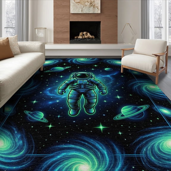 ODIKA 8'x10' Washable Area Rug Durable, Non-Slip Galaxy Star Design With Cosmic Nebula Border Space Astronaut Refined Structured for Living Room, Under Sectional, Family